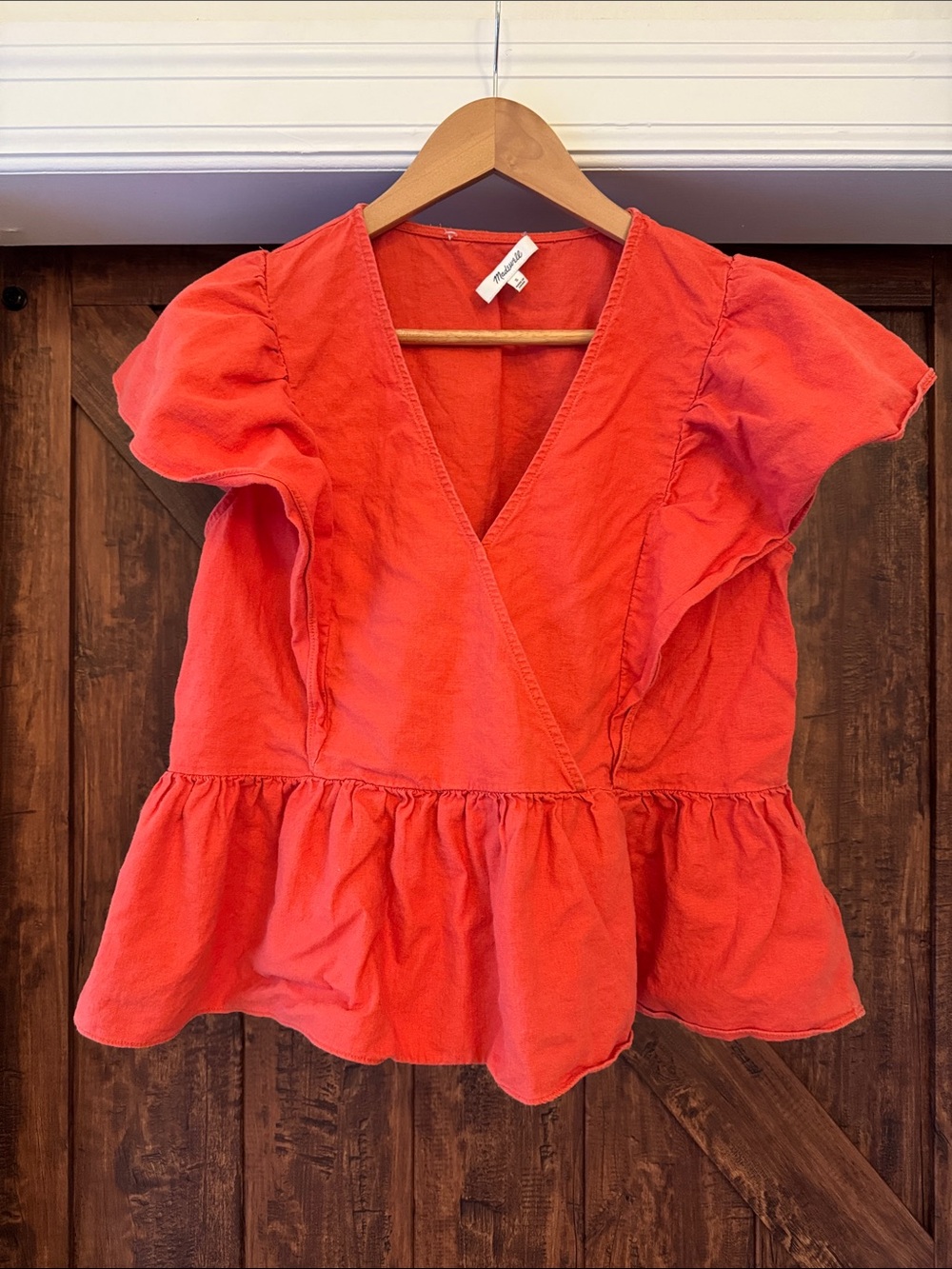 Madewell Coral-Red V-Neck Flutter Peplum Blouse